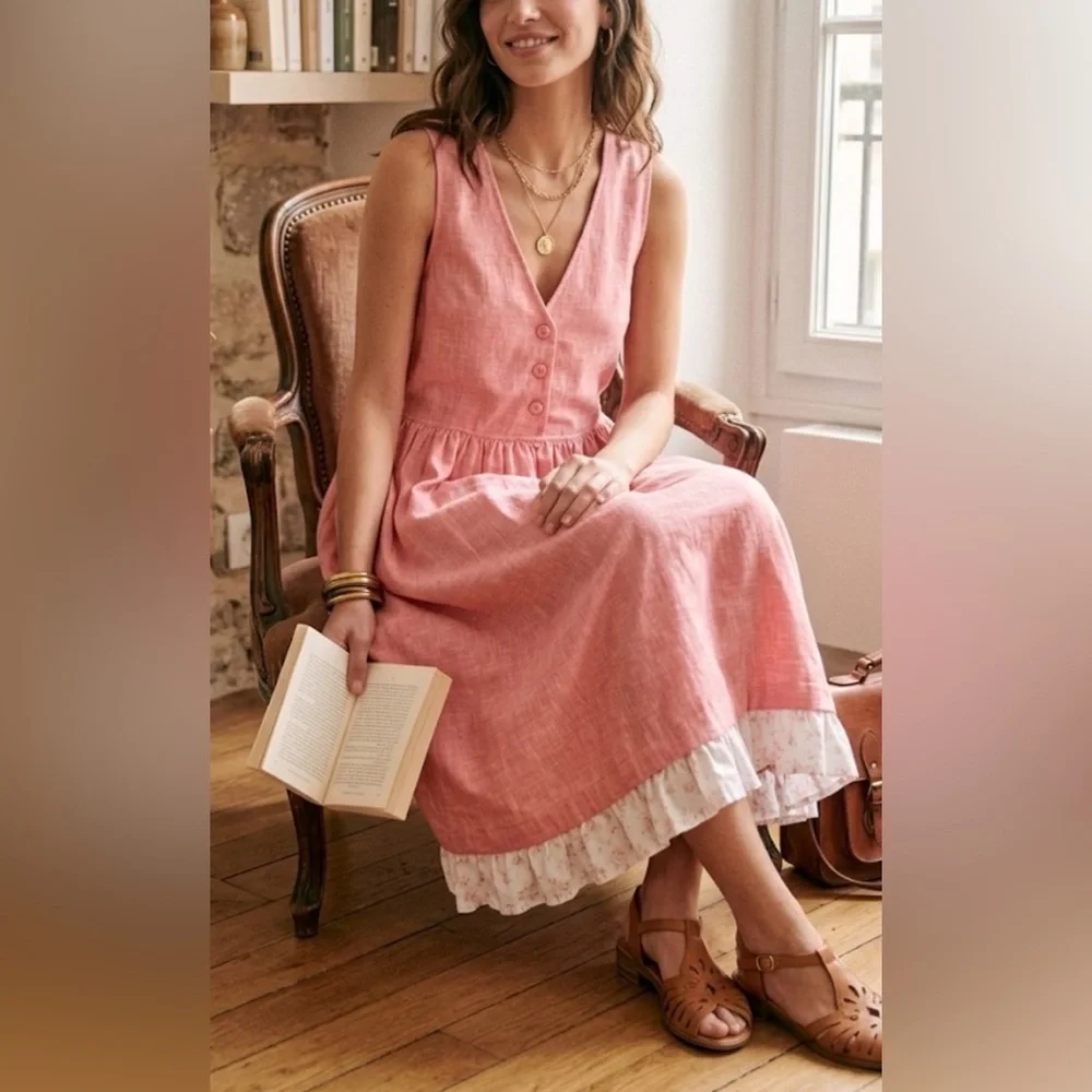 Handmade Romantic Pink Linen-Look Ruffle Hem Cottagecore Pinafore dress size S/M